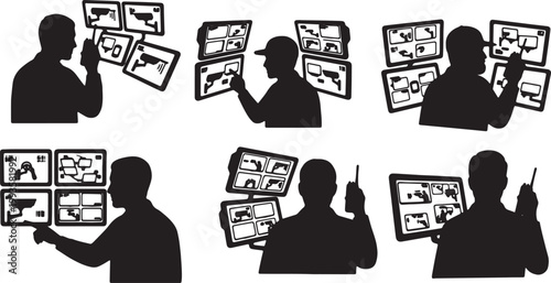 Black Solid Indoor Security Camera Monitor Silhouettes Set of Six on White Background