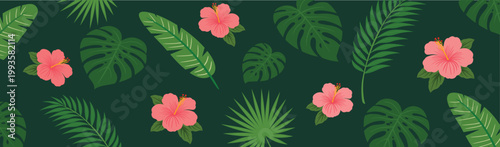 Tropical Hibiscus and Jungle Leaves Seamless Border Pattern on Dark Green Exotic Background