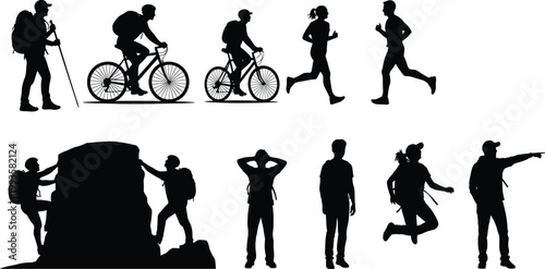 Set of outdoor adventure silhouettes, hiking, cycling, running, rock climbing, jumping, camping activities, mountain sports, travel explorers, vector on white background