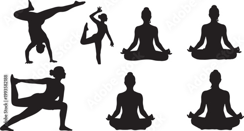 Black Solid Indoor Studio Yoga Instructor Silhouettes Set of Six on White Background