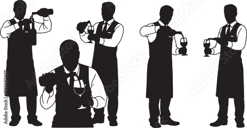 Black Solid Indoor Wine Sommelier Silhouettes Set of Six on White Background