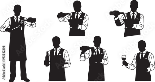 Black Solid Indoor Wine Sommelier Silhouettes Set of Six on White Background