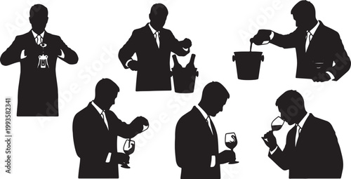Black Solid Indoor Wine Sommelier Silhouettes Set of Six on White Background