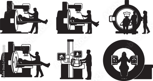 Black Solid Indoor X-Ray Technician Silhouettes Set of Six on White Background