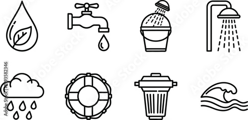 Water related icons set a collection of line art depicting various water forms and utilities