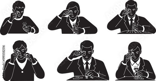 Black Solid Jewelry Maker Jeweler Silhouettes Set of Six on White Background