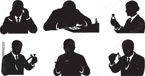 Black Solid Jewelry Maker Jeweler Silhouettes Set of Six on White Background