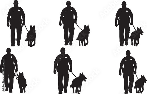 Black Solid K9 Police Officer Dogs Silhouettes Set of Six on White Background