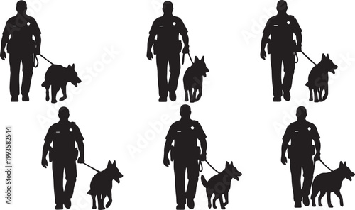 Black Solid K9 Police Officer Dogs Silhouettes Set of Six on White Background