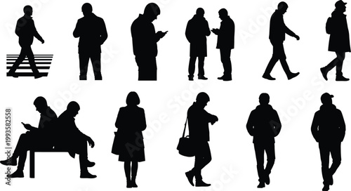 Set of people silhouettes, men and women walking, crossing street, sitting on bench, using smartphones, casual urban poses, vector graphics, isolated
