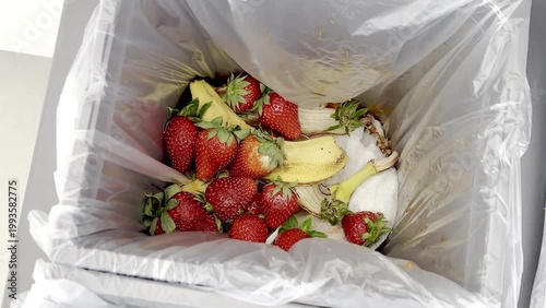 Fresh strawberries and banana peels discarded in a kitchen trash bin, showcasing food waste accumulation in a clear plastic bag within a modern kitchen setting