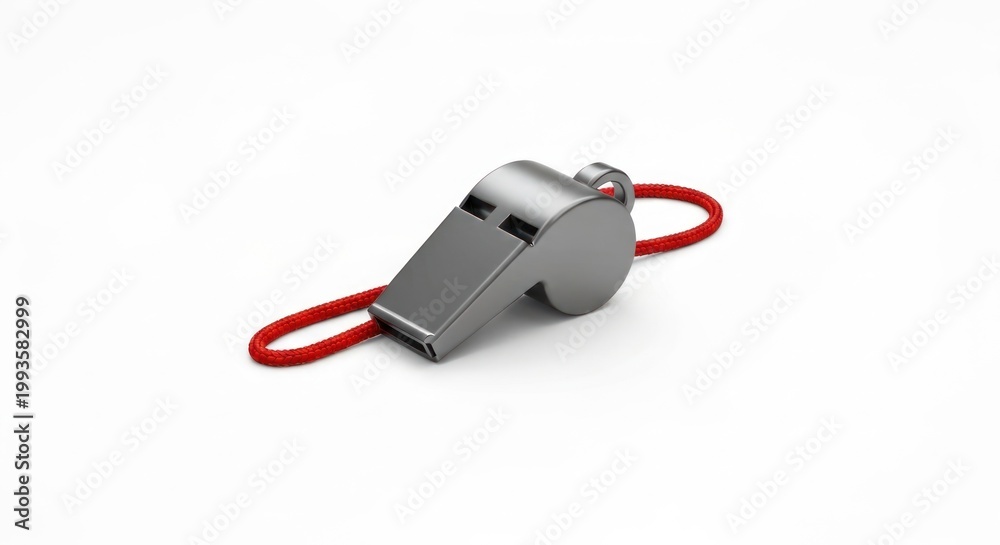Fototapeta premium Metallic whistle with red lanyard, casting a shadow on a white surface