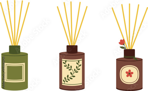 Aromatic reed diffuser bottles set with fragrance sticks, home scent decor collection with floral labels, spa relaxation vector illustration