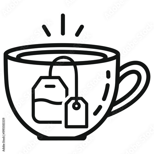 Tea Time: A meticulously crafted illustration of a tea cup, inviting you to a serene moment of calm. Featuring a teabag steeped gracefully within, the cup exudes warmth and invites relaxation. 