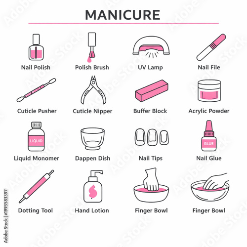 Comprehensive collection of sixteen pink and black line icons featuring professional manicure tools and essential nail salon equipment for hand care