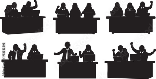 Black Solid Esports Commentator Team Desk Headset Silhouettes Set of Six on White Background