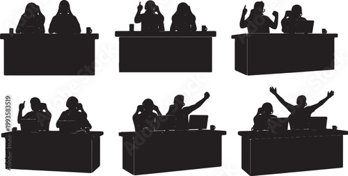 Black Solid Esports Commentator Team Desk Headset Silhouettes Set of Six on White Background