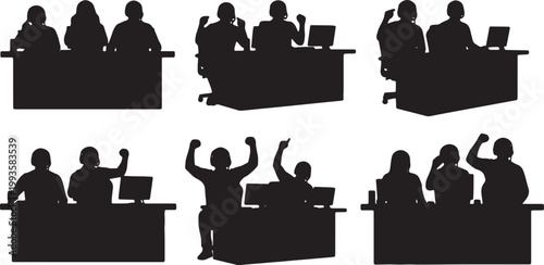 Black Solid Esports Commentator Team Desk Headset Silhouettes Set of Six on White Background