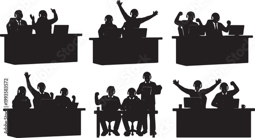 Black Solid Esports Commentator Team Desk Headset Silhouettes Set of Six on White Background