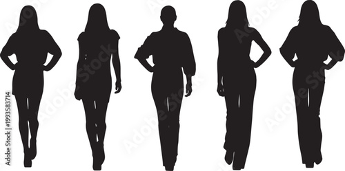 Black Solid Fashion Runway Hip Hand Walking Silhouettes Set of Six on White Background
