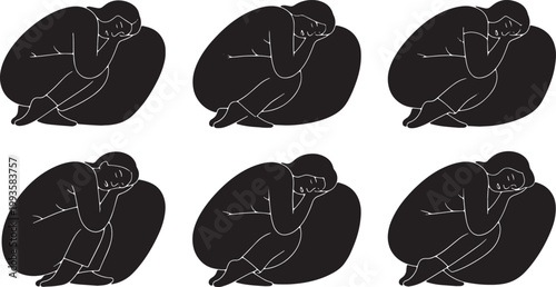 Black Solid Fetal Position Sleeping Silhouettes Set of Six on White Background