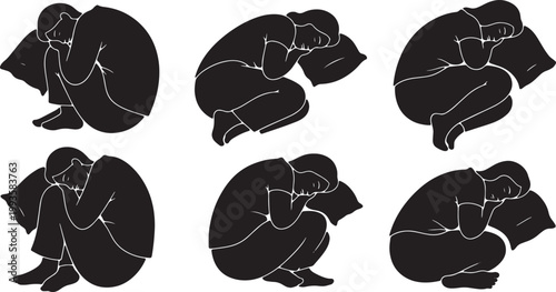 Black Solid Fetal Position Sleeping Silhouettes Set of Six on White Background