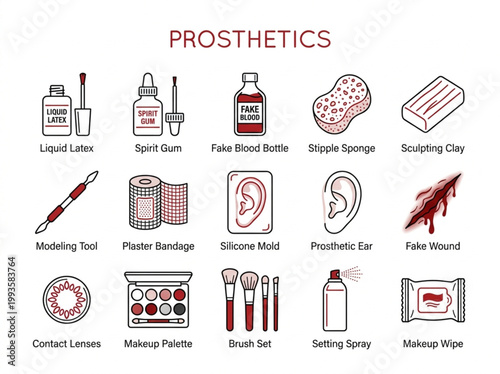 Detailed collection of fifteen burgundy and black line icons featuring essential special effects makeup supplies and prosthetic application tools