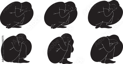 Black Solid Fetal Position Sleeping Silhouettes Set of Six on White Background