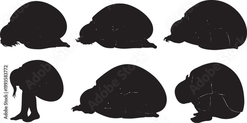Black Solid Fetal Position Sleeping Silhouettes Set of Six on White Background
