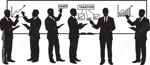 Black Solid Financial Auditor Smart Pen Whiteboard Silhouettes Set of Six on White Background