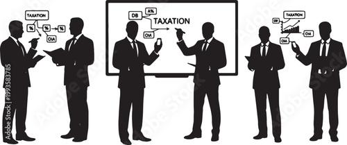 Black Solid Financial Auditor Smart Pen Whiteboard Silhouettes Set of Six on White Background