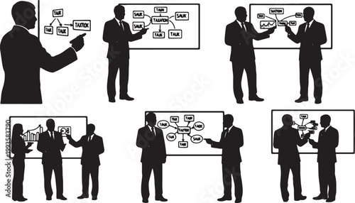 Black Solid Financial Auditor Smart Pen Whiteboard Silhouettes Set of Six on White Background