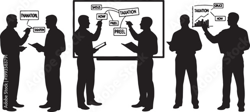 Black Solid Financial Auditor Smart Pen Whiteboard Silhouettes Set of Six on White Background