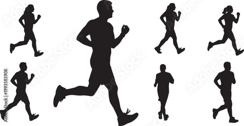 Black Solid Fitness Power Walking Silhouettes Set of Six on White Background