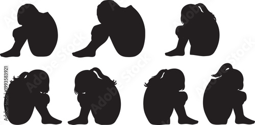 Black Solid Floor Knee Hugging Sitting Silhouettes Set of Six on White Background