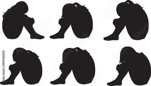 Black Solid Floor Knee Hugging Sitting Silhouettes Set of Six on White Background