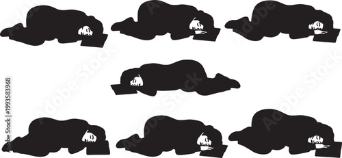 Black Solid Floor Studying Prone Sleeping Silhouettes Set of Six on White Background
