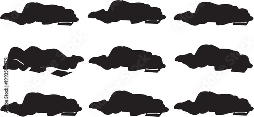 Black Solid Floor Studying Prone Sleeping Silhouettes Set of Six on White Background