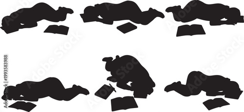 Black Solid Floor Studying Prone Sleeping Silhouettes Set of Six on White Background