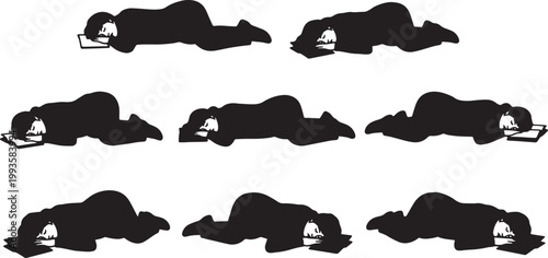 Black Solid Floor Studying Prone Sleeping Silhouettes Set of Six on White Background
