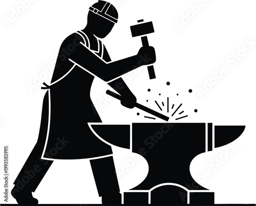 Blacksmith silhouette forging metal on anvil with hammer sparks flying, traditional craftsman worker strong industry concept vector