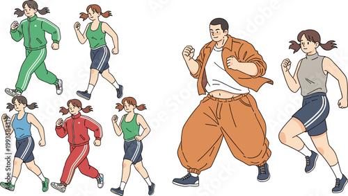 Running People Character Set Vector Illustration Featuring Men and Women Jogging in Sportswear in Various Poses for Fitness Training and Active Lifestyle Design