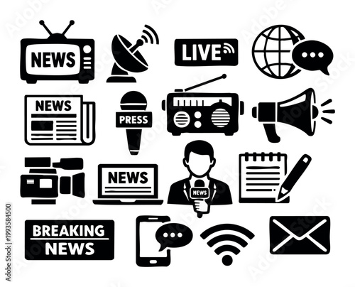 News and media icons set portraying various communication channels, including television, radio, newspaper, web, and reporting