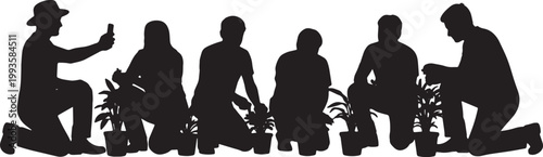 Black Solid Gardening Vlogger Smartphone Plant Silhouettes Set of Six on White Background