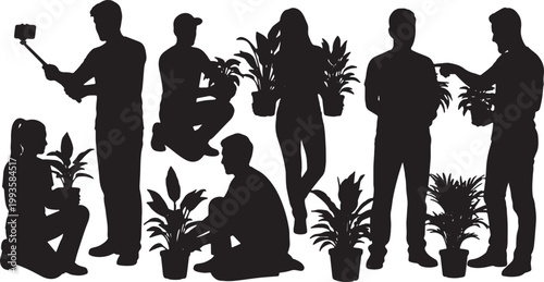 Black Solid Gardening Vlogger Smartphone Plant Silhouettes Set of Six on White Background