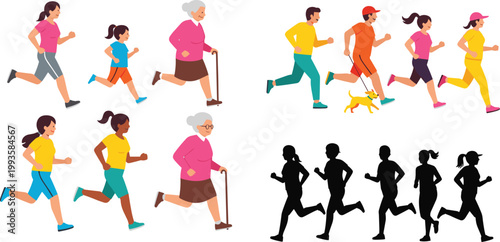 Diverse People Running Vector Set Featuring Men Women Children and Elderly Jogging with Dog and Silhouette Figures for Fitness Lifestyle Design