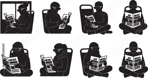 Black Solid AR Smart Glasses Commuter Reading Silhouettes Set of Six on White Background