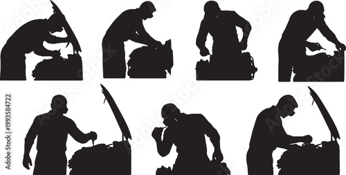 Black Solid AR Smart Glasses Mechanic Repair Silhouettes Set of Six on White Background