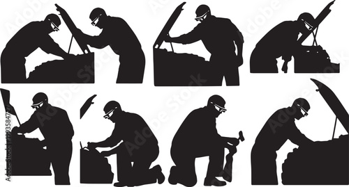 Black Solid AR Smart Glasses Mechanic Repair Silhouettes Set of Six on White Background