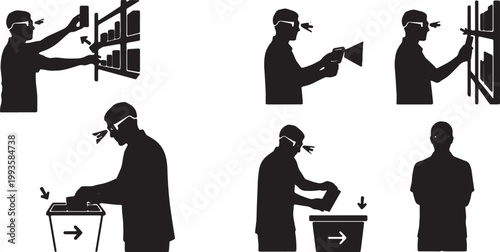 Black Solid AR Smart Glasses Stockroom Picking Silhouettes Set of Six on White Background